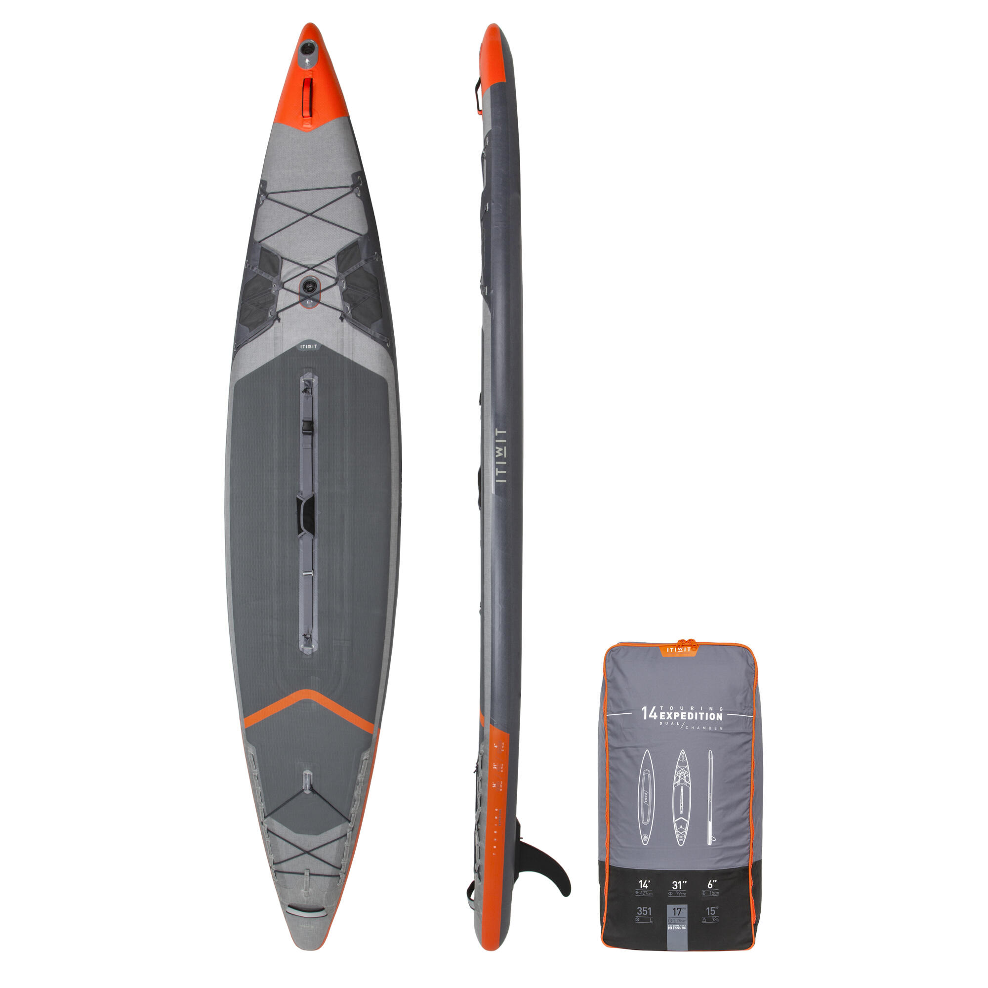 ITIWIT SUP-Board Stand Up Paddle aufblasbar 14´ - X900 Doppelkammer EXPEDITION grau