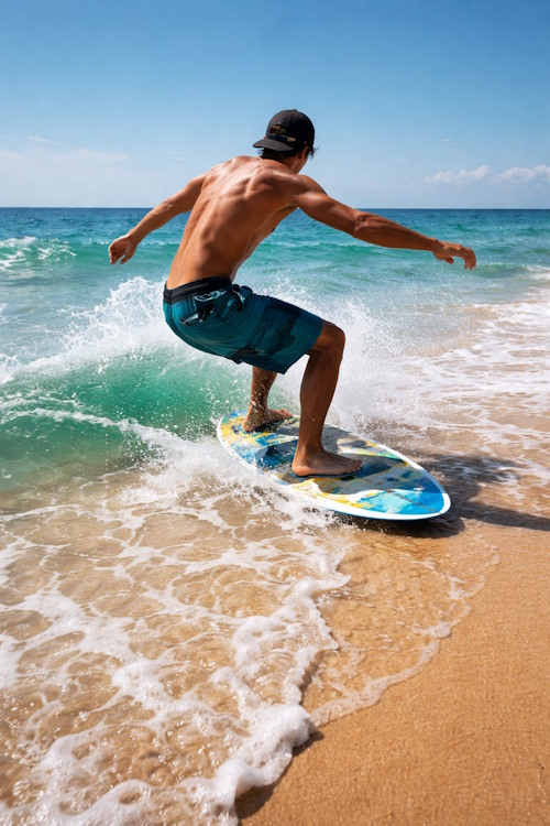 Skimboard auf flachem Wasser in Aktion