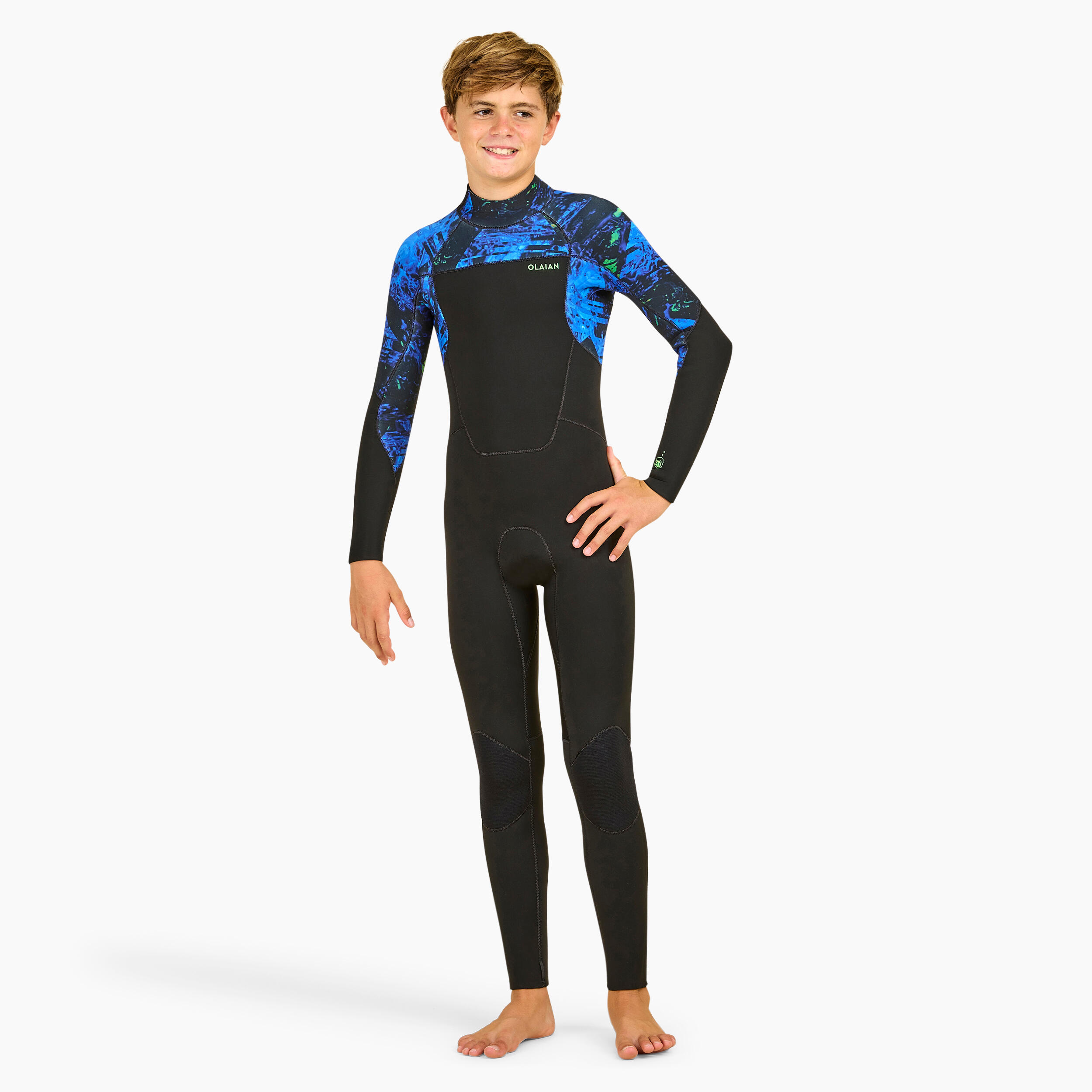 OLAIAN Neoprenanzug Surfen Kinder R?ckenrei?verschluss 500 4/3?mm Vortex schwarz 123-130cm 7-8J