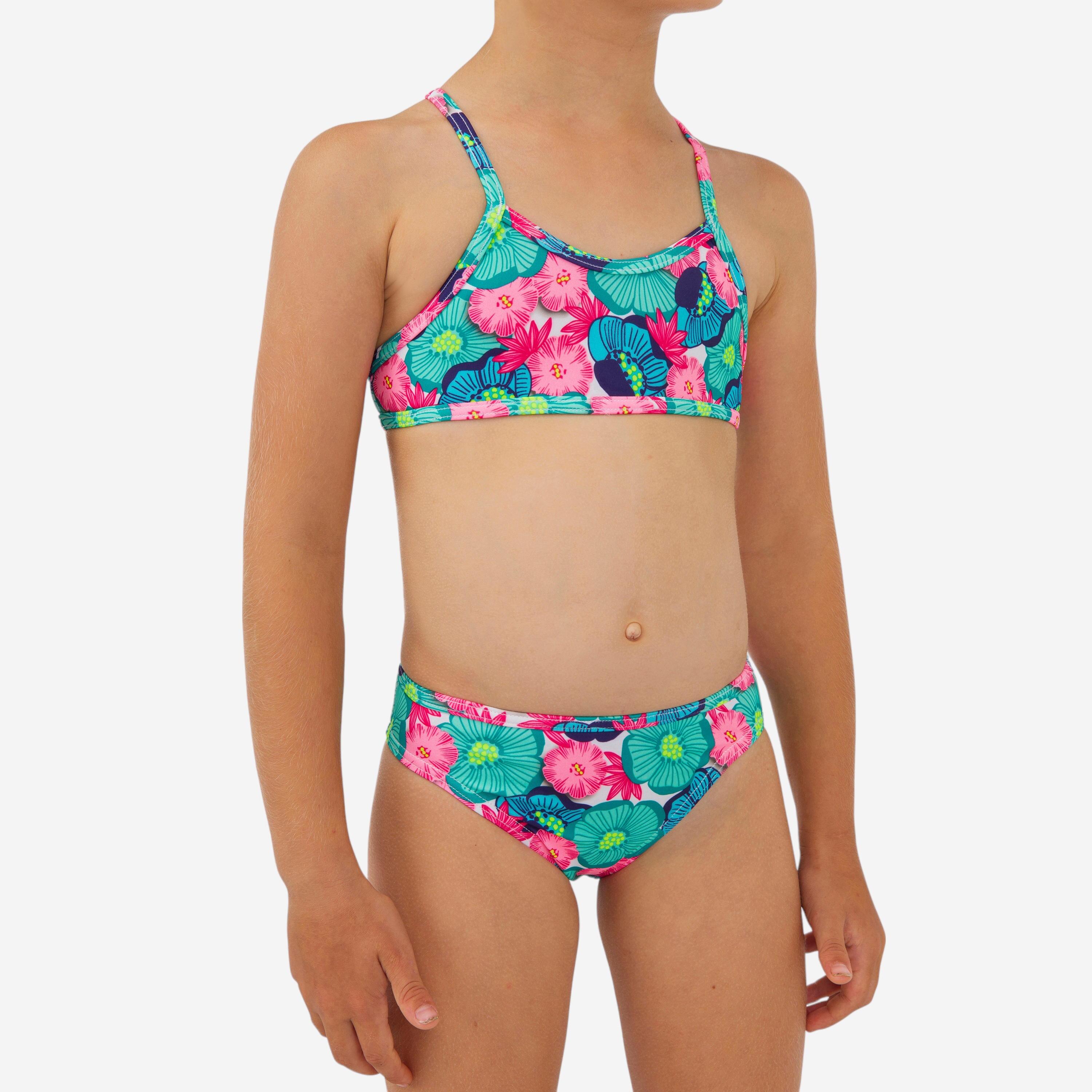 OLAIAN Bikini-Set Surfen M?dchen gekreuzte Tr?ger gebl?mt/t?rkis 103-112cm 4-5J