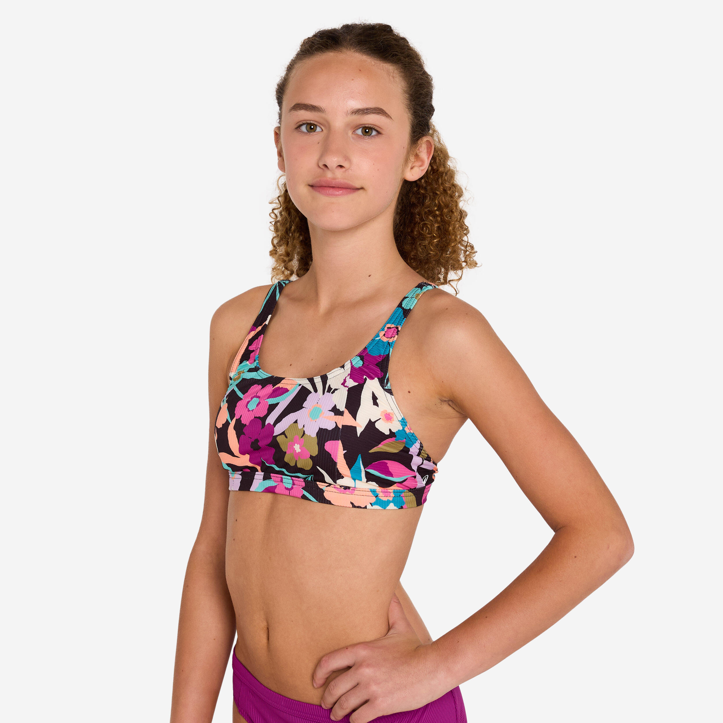 OLAIAN Bikini-Oberteil M?dchen Bustier gebl?mt verstellbar 500 Nora Azalea schwarz 160-166cm 14-15J