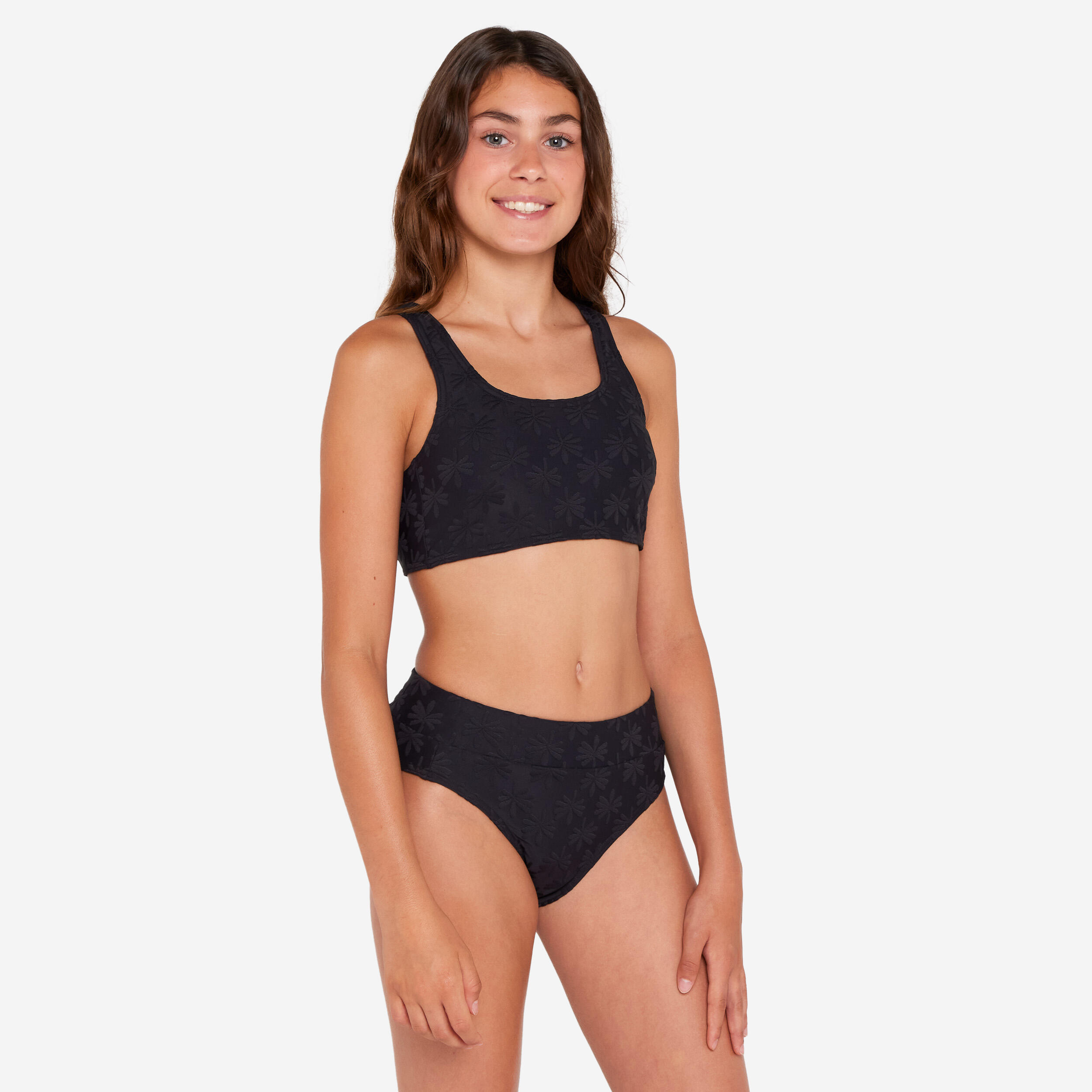OLAIAN Bikini-Oberteil Surfen M?dchen Bustier hoher Taillenbund 500 Lao Miami schwarz 131-140cm 8-9J